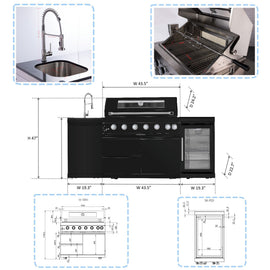 6 Burner 85, 000 Btu Outdoor Kitchen Island Grill With Wine Cooler Refrigerator, Rotisserie Kit, Granite Countertops & Sink - Black