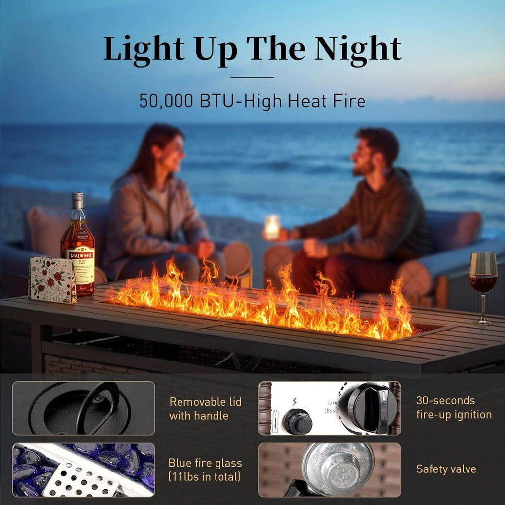 Brown Wicker Patio Furniture Set With Fire Pit Table
