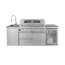 Load image into Gallery viewer, Castelle Flame Verona 44-Inch 6-Burner 85K BTU Stainless Steel Outdoor BBQ Kitchen Grill Island With Wine Cooler, Rotisserie Kit, And Storage Cabinets (SAK97105)