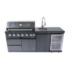 Load image into Gallery viewer, 6 Burner 85, 000 Btu Outdoor Kitchen Island Grill With Wine Cooler Refrigerator, Rotisserie Kit, Granite Countertops &amp; Sink - Black