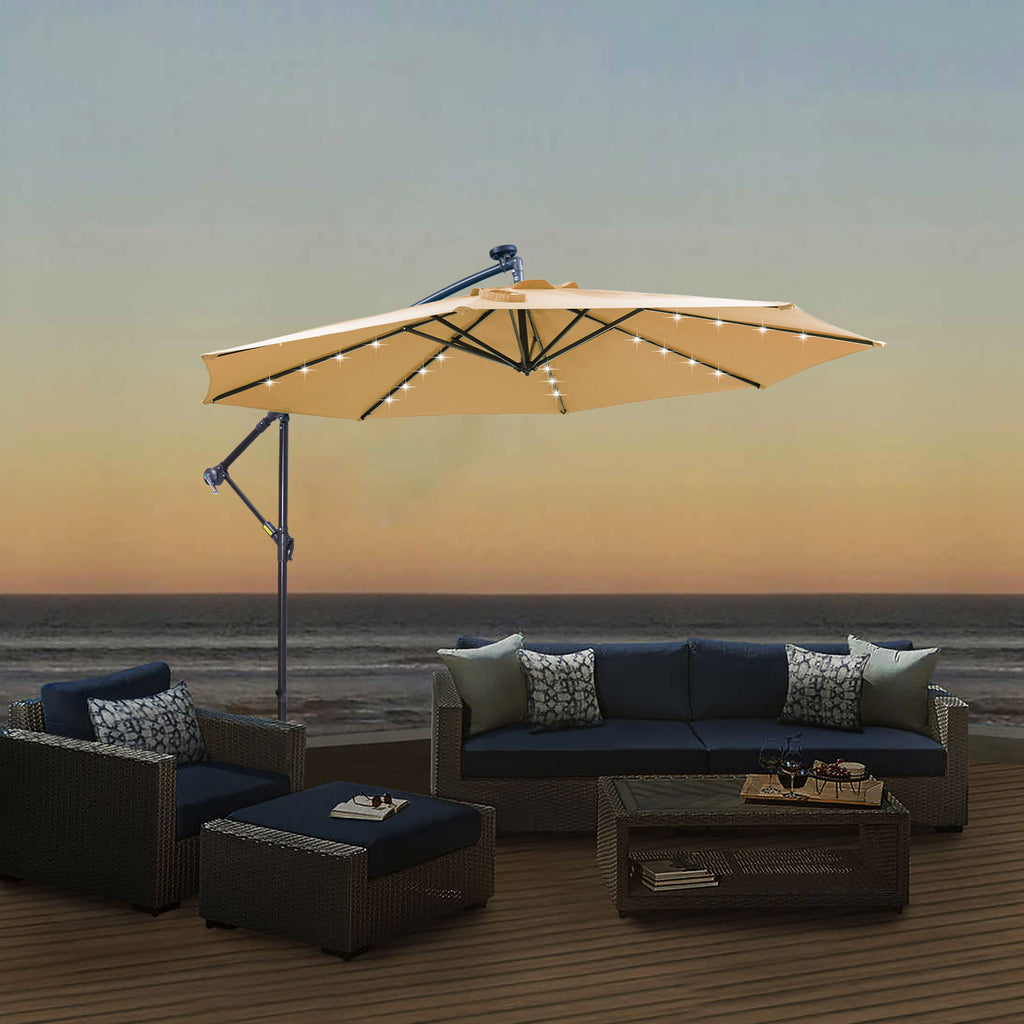 Outdoor Cantilever Patio Umbrella With 32 LED Lights 10 Ft Hanging Design Easy Open Adjustment Metal Frame - Taupe