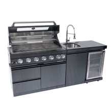 Load image into Gallery viewer, 6 Burner 85, 000 Btu Outdoor Kitchen Island Grill With Wine Cooler Refrigerator, Rotisserie Kit, Granite Countertops &amp; Sink - Black