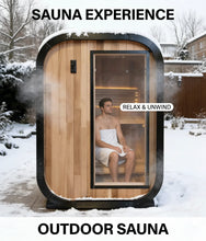 Load image into Gallery viewer, Panoramic Outdoor Sauna Room — Round Cedar Barrel Sauna with Glass Front