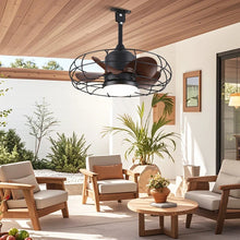 Load image into Gallery viewer, Industrial Style Ceiling Fan with Light and Remote Control Black Round Cage Outdoor Waterproof Fan with Hook for Patios Porch