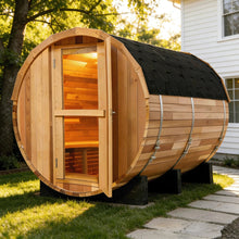 Load image into Gallery viewer, Panoramic Outdoor Sauna Room — Round Cedar Barrel Sauna with Glass Front