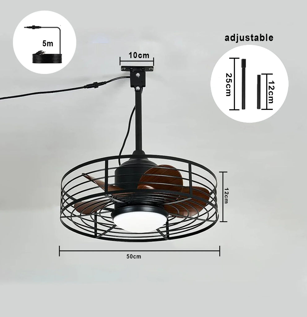 Industrial Style Ceiling Fan with Light and Remote Control Black Round Cage Outdoor Waterproof Fan with Hook for Patios Porch