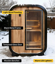 Load image into Gallery viewer, Panoramic Outdoor Sauna Room — Round Cedar Barrel Sauna with Glass Front