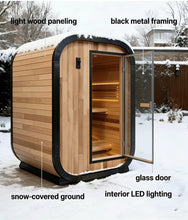 Load image into Gallery viewer, Panoramic Outdoor Sauna Room — Round Cedar Barrel Sauna with Glass Front