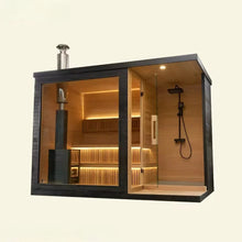 Load image into Gallery viewer, Panoramic Outdoor Sauna Room — Round Cedar Barrel Sauna with Glass Front