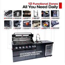 Load image into Gallery viewer, Castelle Flame Avalon 43-Inch 6-Burner 85K BTU Outdoor BBQ Kitchen Grill Island With Wine Fridge, Rotisserie Kit, And Sink (SAK23864)