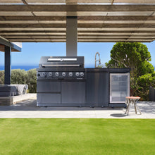 Load image into Gallery viewer, Castelle Flame Avalon 43-Inch 6-Burner 85K BTU Outdoor BBQ Kitchen Grill Island With Wine Fridge, Rotisserie Kit, And Sink (SAK23864)