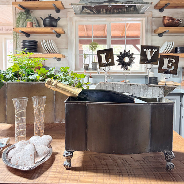 Aged Metal Footed Planters, Set of Two